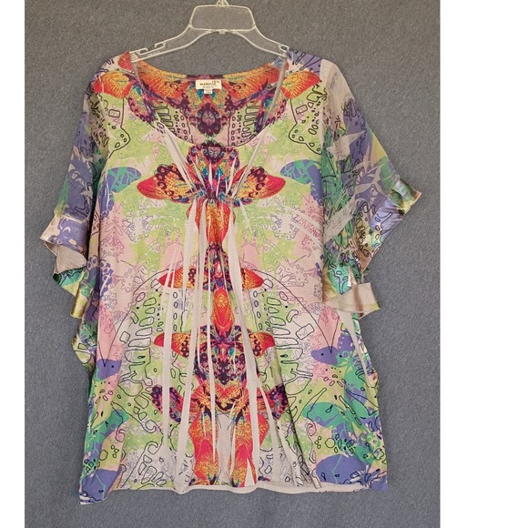 ONE WORLD Tops - One World Butterfly Print Angel Sleeve Tunic Top Blouse 2X Multicolor Boho